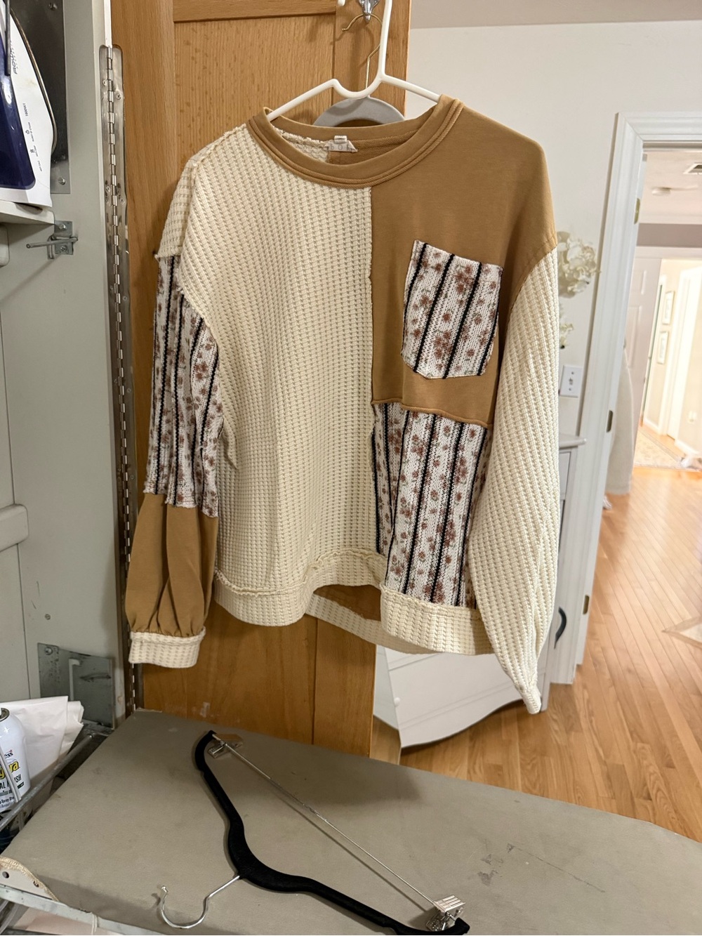 POL Patchwork Crewneck Sweater in Cream and Tan